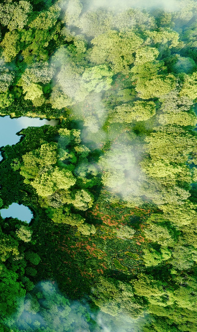 A lake in the shape of the world's continents in the middle of untouched nature. A metaphor for ecological travel, conservation, climate change, global warming and the fragility of nature.3d rendering